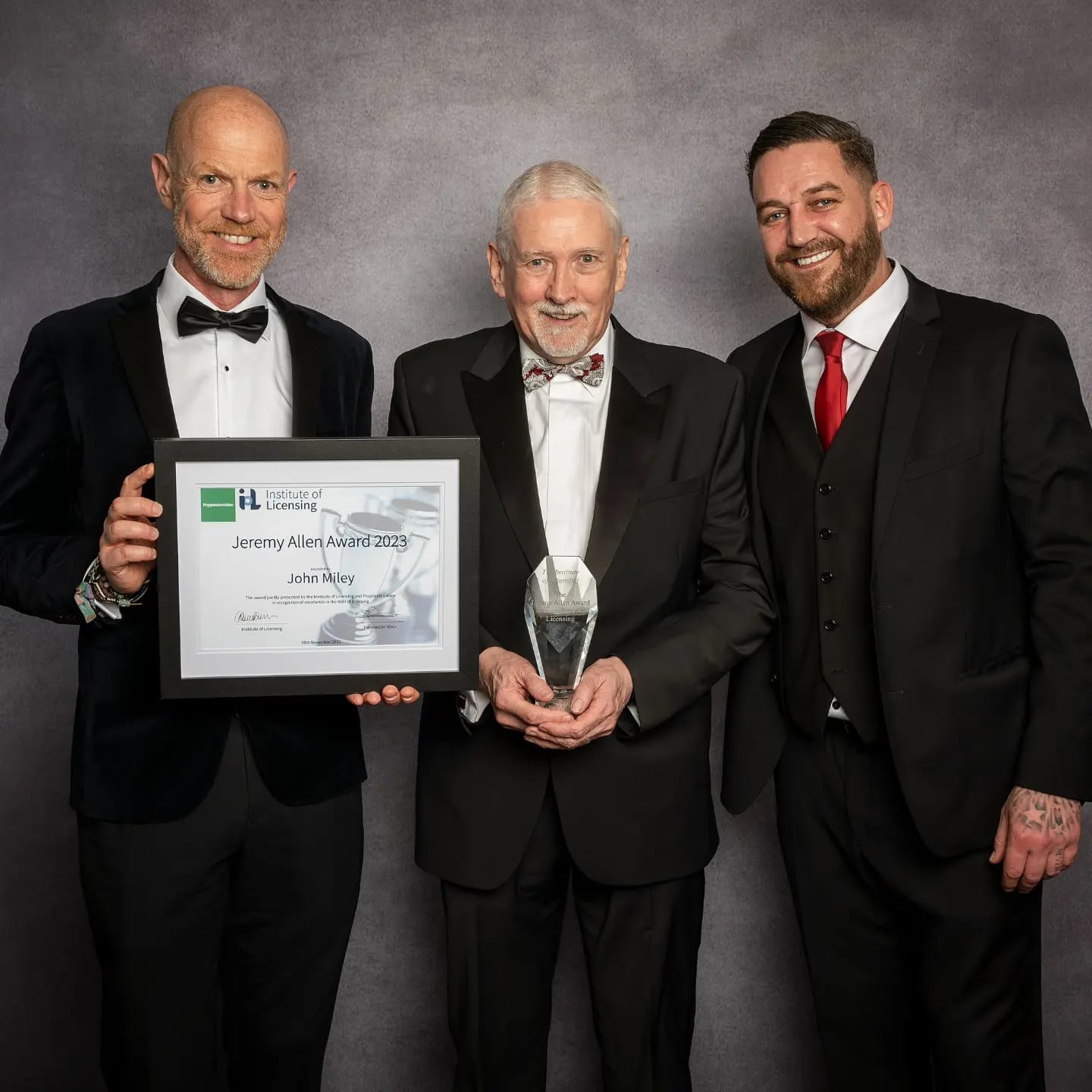 Jeremy Allen Award winner, John Miley (centre), photographed with Solicitor, Andy Grimsey (left) and Chairman of the Institute of Licensing, Dan Davies (right).